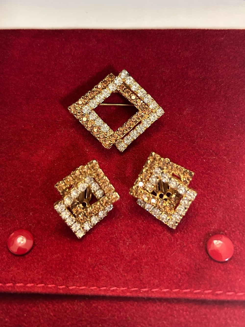Gold-Tone rhinestone Square Brooch and clip on Earring Set